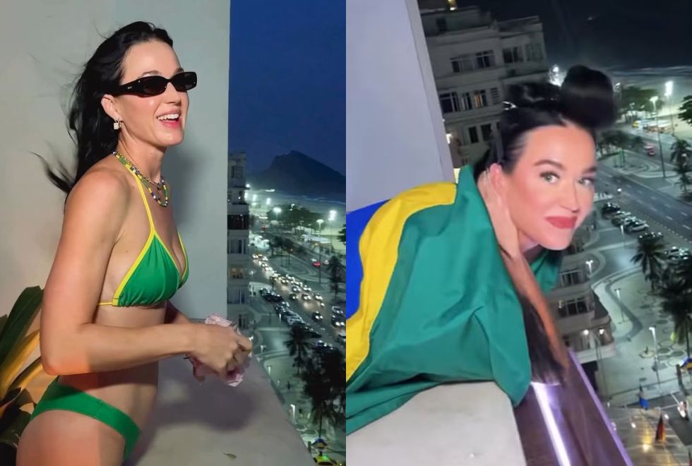 Katy Perry se despede do Brasil com biquíni nas cores da bandeira Katy