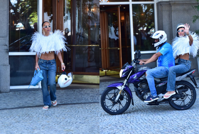 Sabrina Sato vai de moto à apuração das escolas de samba no Rio