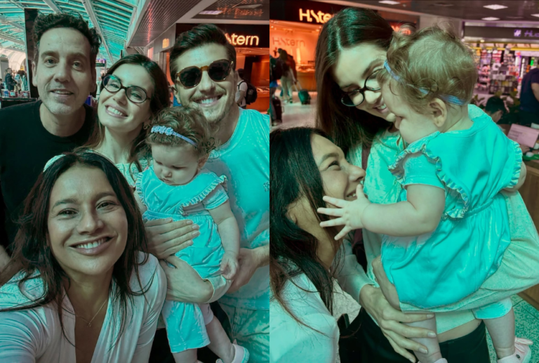 Dira Paes encontra filha de Camila Queiroz e Klebber Toledo em aeroporto